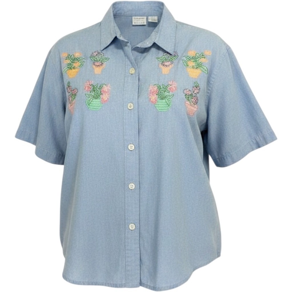 Vintage‎ Button Down Shirt Embroidered Floral Chambray 22W Blue Cottagecore 90s